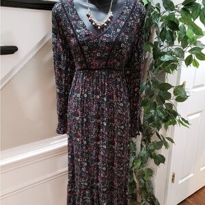 New Directions Womens Black 100% Rayon Round Neck Long Sleeve Long Maxi Dress 14